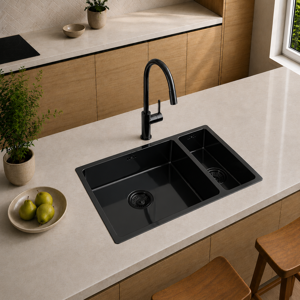 Verossi | 1.5 Bowl Comite Kitchen Sink | Inset or Undermounted | Chrome Strainer Wastes Supplied | 670x440x206mm | Gloss Black