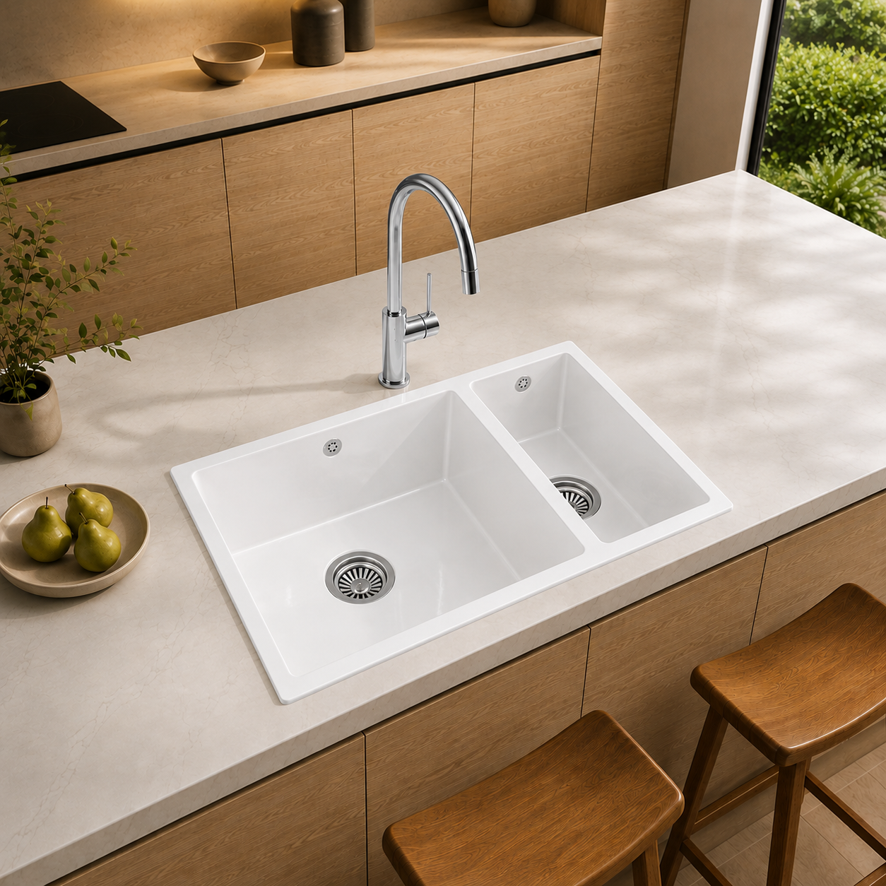 Verossi | 1.5 Bowl Comite Kitchen Sink | Inset or Undermounted | Chrome Strainer Wastes Supplied | 670x440x206mm | Gloss White
