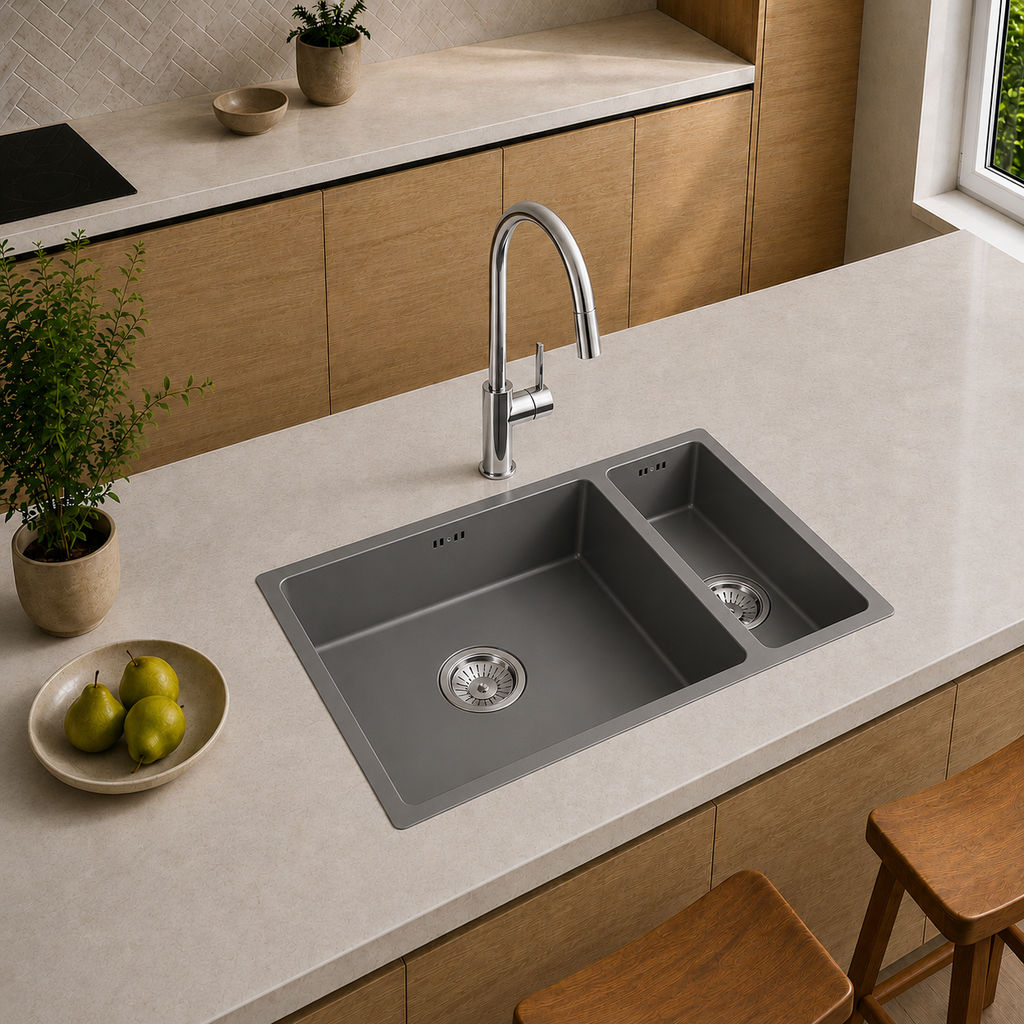 Verossi | 1.5 Bowl Comite Kitchen Sink | Inset or Undermounted | Chrome Strainer Wastes Supplied | 670x440x206mm | Grey