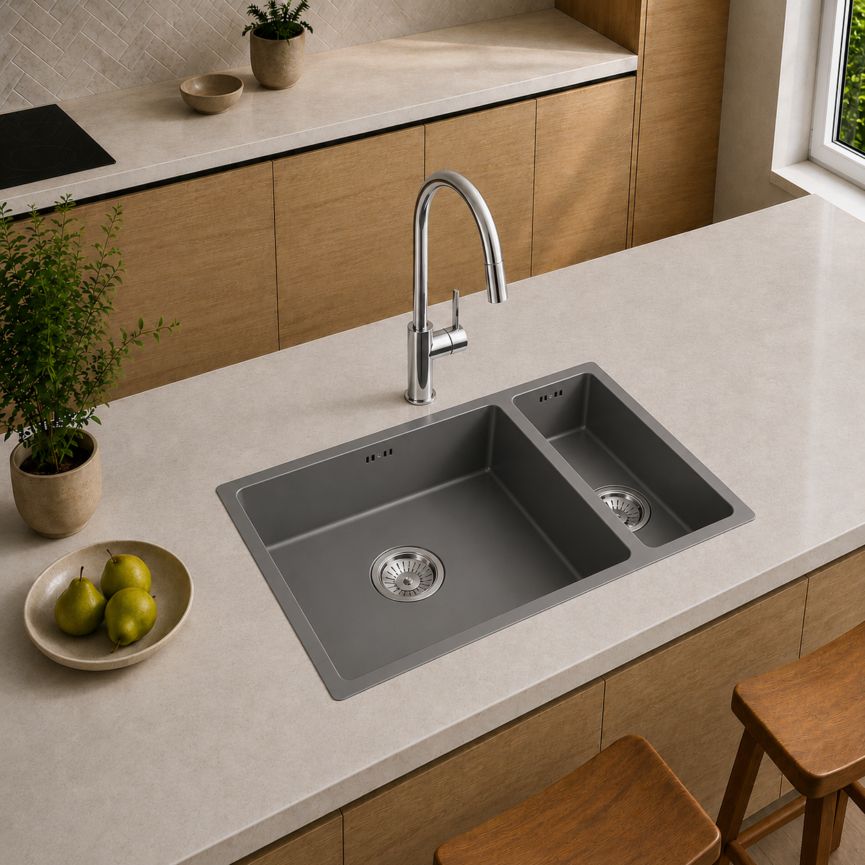 Verossi | 1.5 Bowl Comite Kitchen Sink | Inset or Undermounted | Chrome Strainer Wastes Supplied | 670x440x206mm | Grey