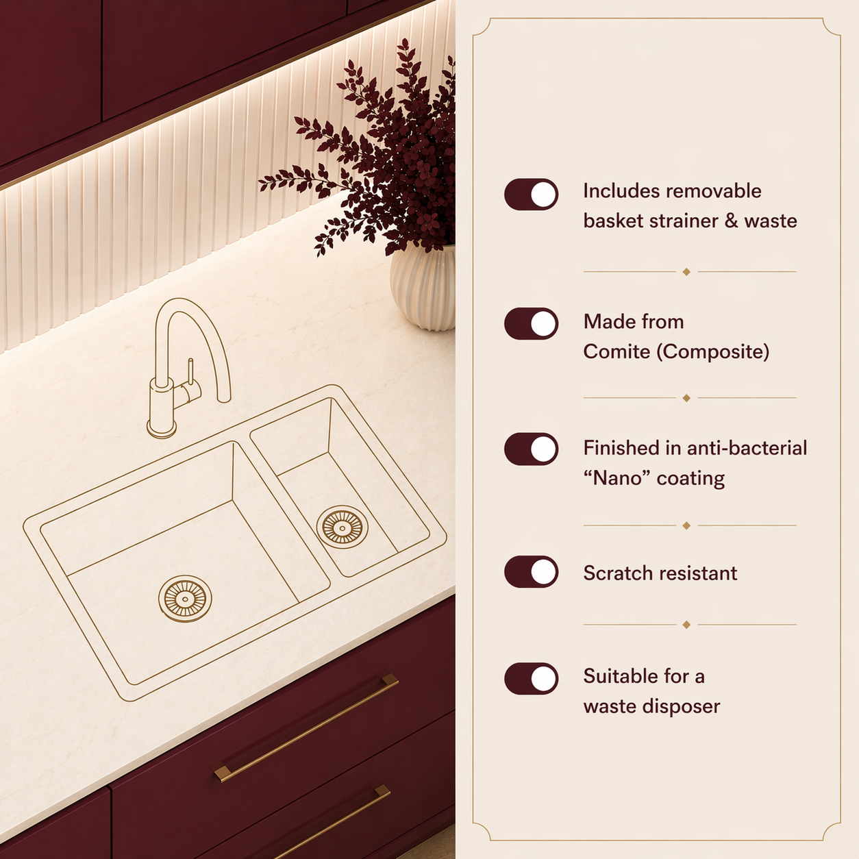 Verossi |  1.5 bowl Comite Kitchen Sink | Inset or Undermounted | Chrome Strainer Wastes Supplied | 670x440x206mm | Matt Black