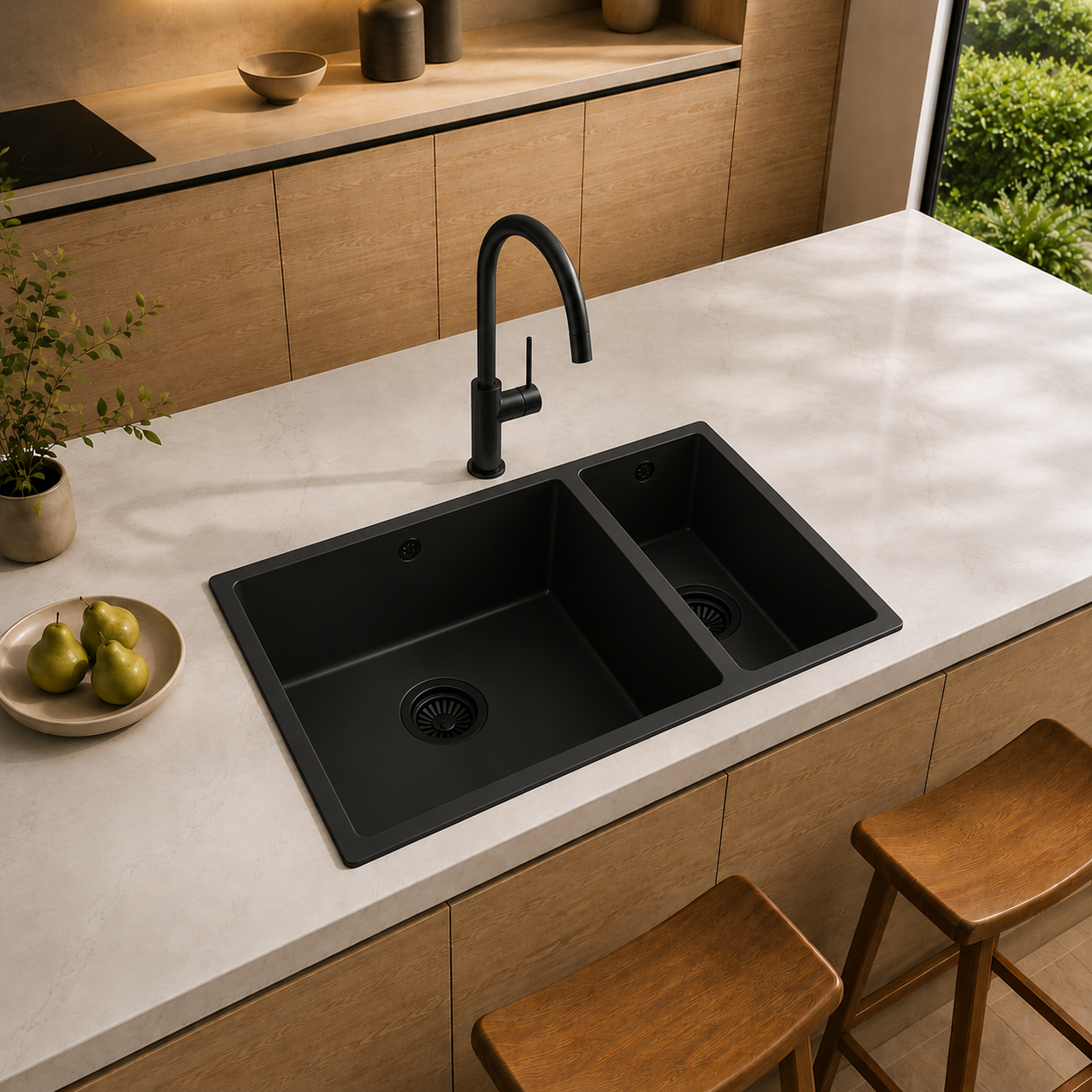 Verossi |  1.5 bowl Comite Kitchen Sink | Inset or Undermounted | Chrome Strainer Wastes Supplied | 670x440x206mm | Matt Black
