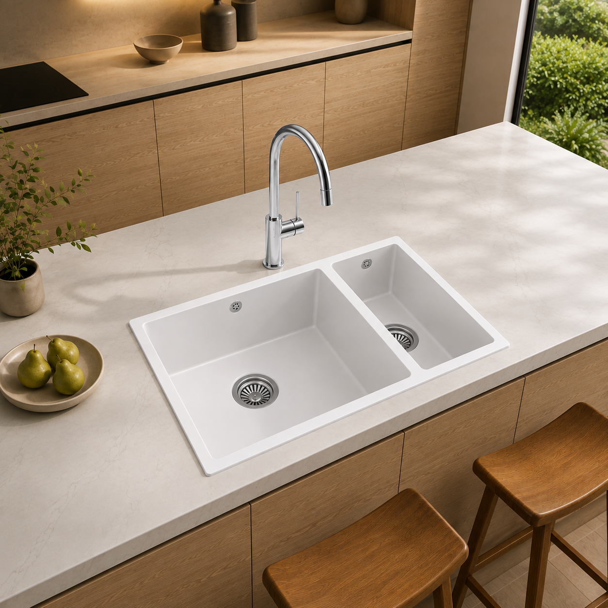 Verossi | 1.5 Bowl Comite Kitchen Sink | Inset or Undermounted | Chrome Strainer Wastes Supplied | 670x440x206mm | Matt White