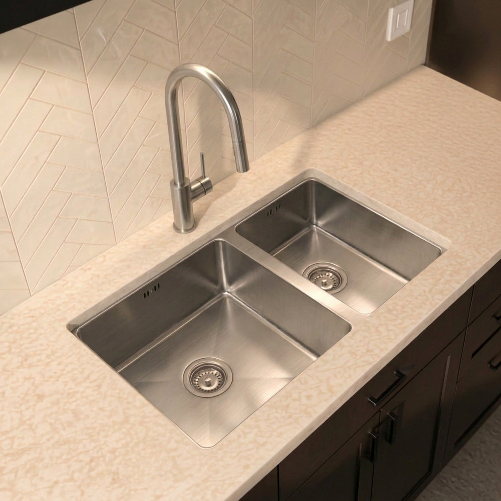 Verossi |  1.5 Bowl Kitchen Sink | Inset or Undermounted | Chrome Strainer Wastes Supplied | 555x440x205 | Brushed Steel