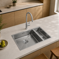 Verossi |  1.5 Bowl Kitchen Sink | Inset or Undermounted | Chrome Strainer Wastes Supplied | 555x440x205 | Brushed Steel