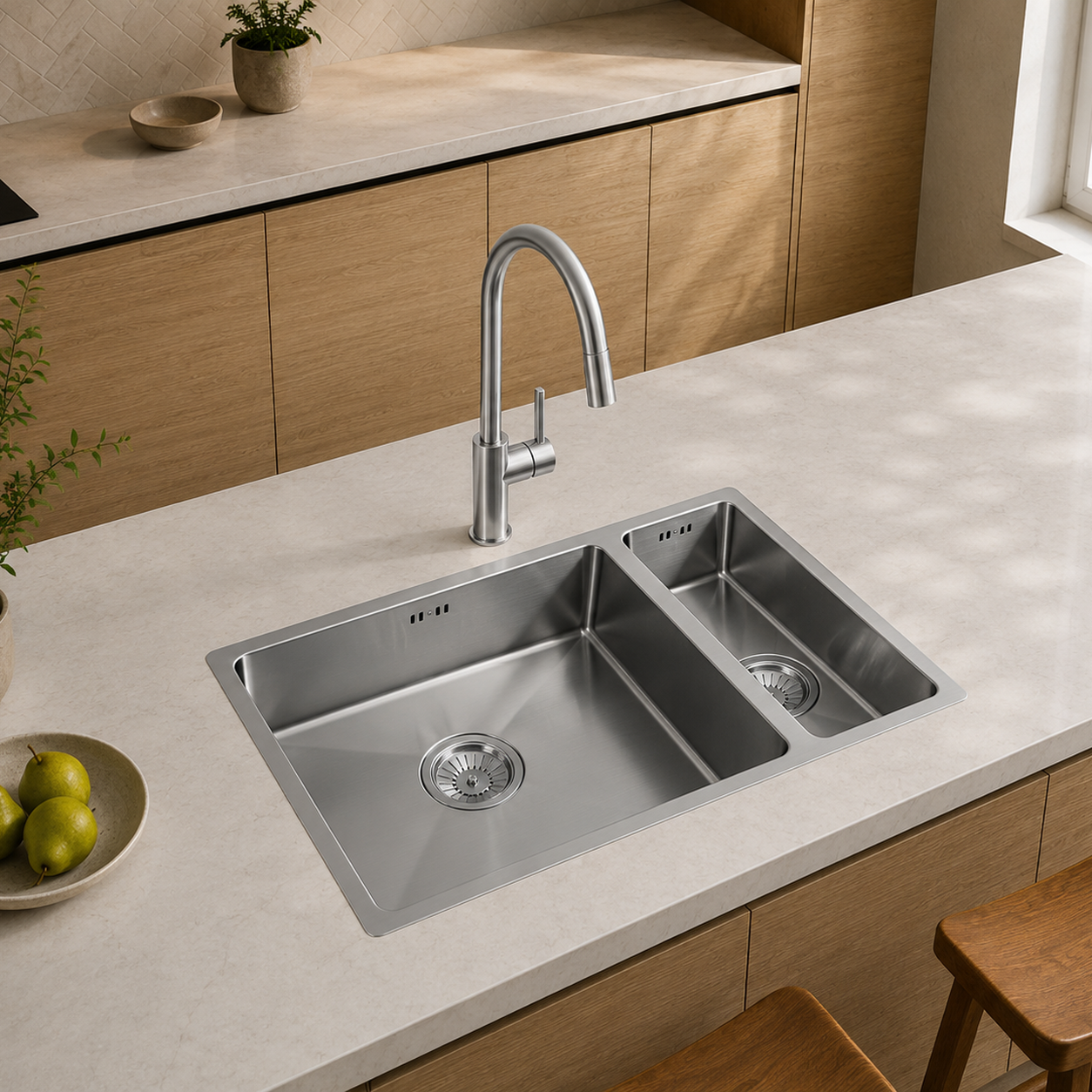 Verossi |  1.5 Bowl Kitchen Sink | Inset or Undermounted | Chrome Strainer Wastes Supplied | 555x440x205 | Brushed Steel