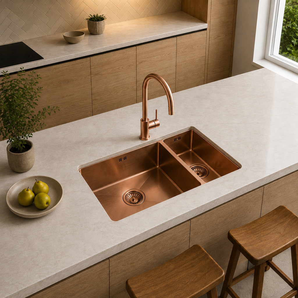 Verossi | 1.5 Bowl Kitchen Sink | Inset or Undermounted | Copper Strainer Wastes Supplied | 555x440x205 | Brushed Copper