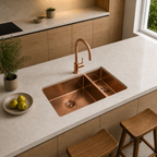 Verossi | 1.5 Bowl Kitchen Sink | Inset or Undermounted | Copper Strainer Wastes Supplied | 555x440x205 | Brushed Copper