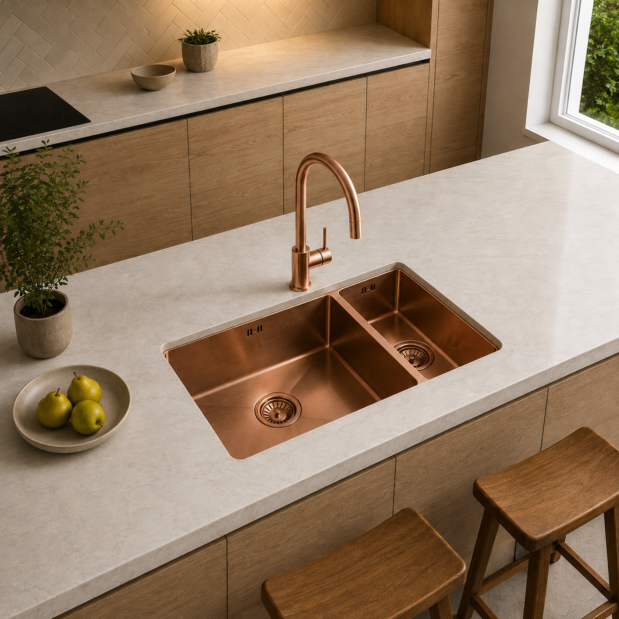 Verossi | 1.5 Bowl Kitchen Sink | Inset or Undermounted | Copper Strainer Wastes Supplied | 555x440x205 | Brushed Copper