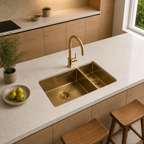 Verossi | 1.5 Bowl Kitchen Sink | Inset or Undermounted | Gold Strainer Wastes Supplied | 555x440x205 | Brushed Gold