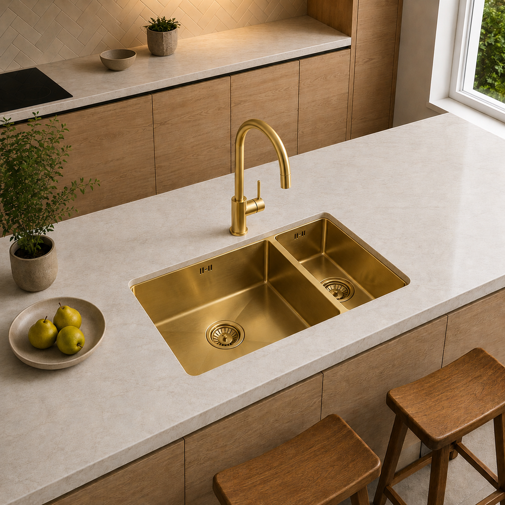 Verossi | 1.5 Bowl Kitchen Sink | Inset or Undermounted | Strainer Wastes Supplied | 555x440x205 | Brushed Brass