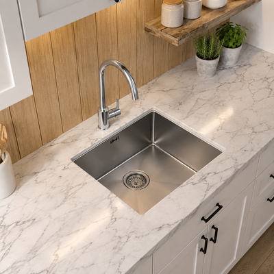 Verossi | Elite | 1.0 Bowl Kitchen Sink | Inset or Undermounted | Chrome Strainer Waste Supplied | 440x440x205mm | Brushed Stainless Steel