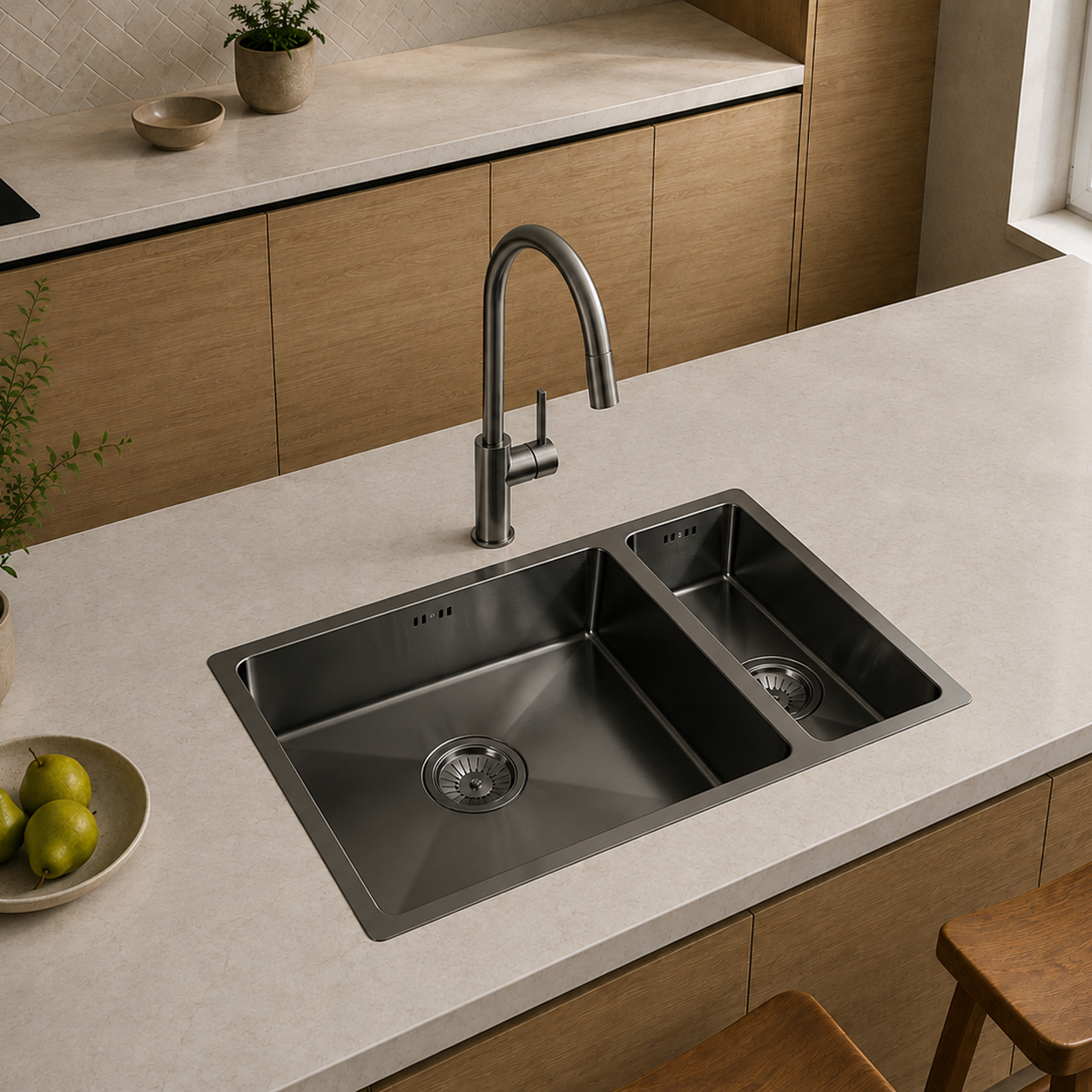 Verossi | Elite 1.5 Bowl Kitchen Sink | Inset or Undermounted | Chrome Strainer Wastes Supplied | 670x440x200mm | Brushed Stainless Finish