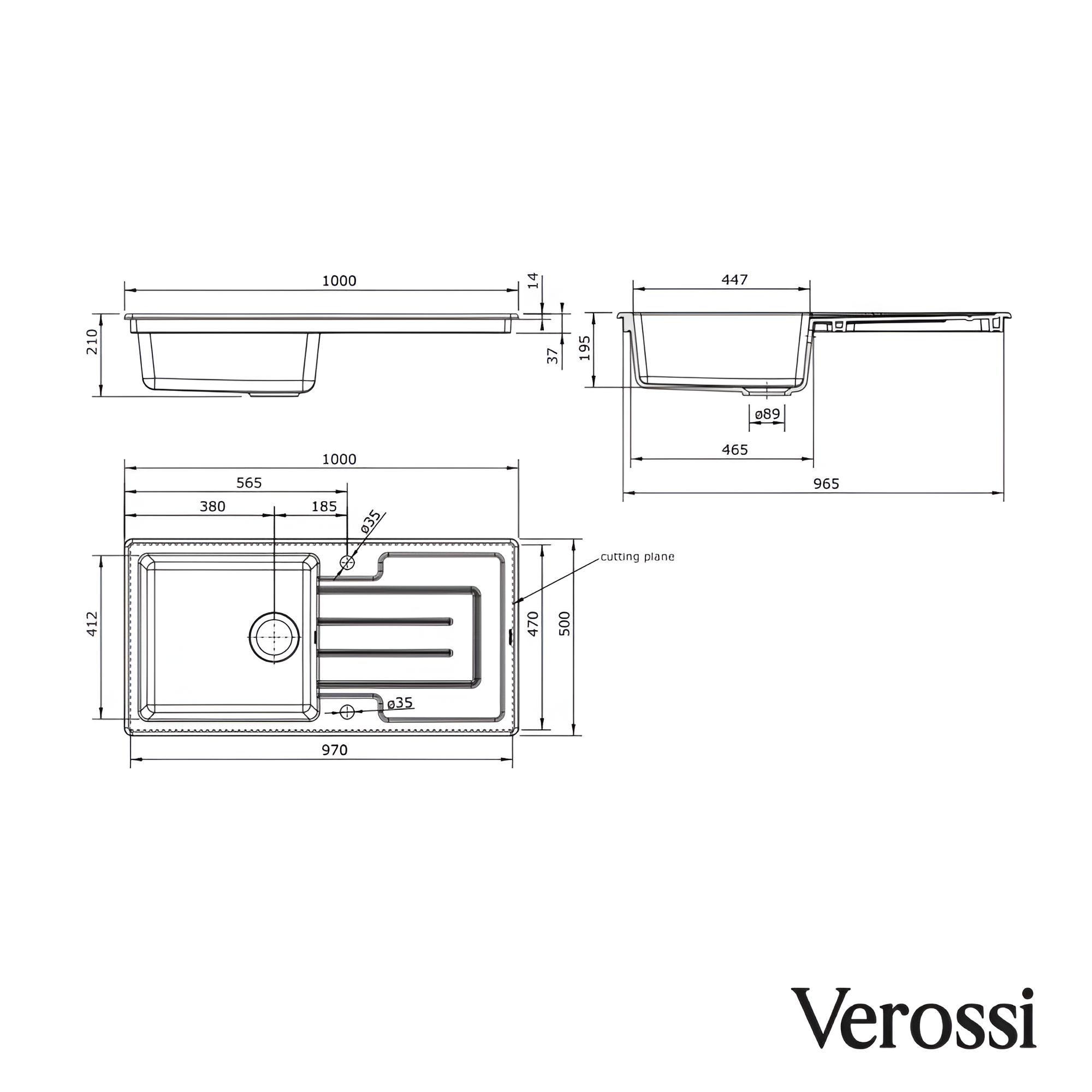 Verossi | Fireclay | 1.0 Bowl Kitchen Sink | Inset with drainer | Chrome Strainer Waste Supplied | 1000 x 500 mm | White Ceramic