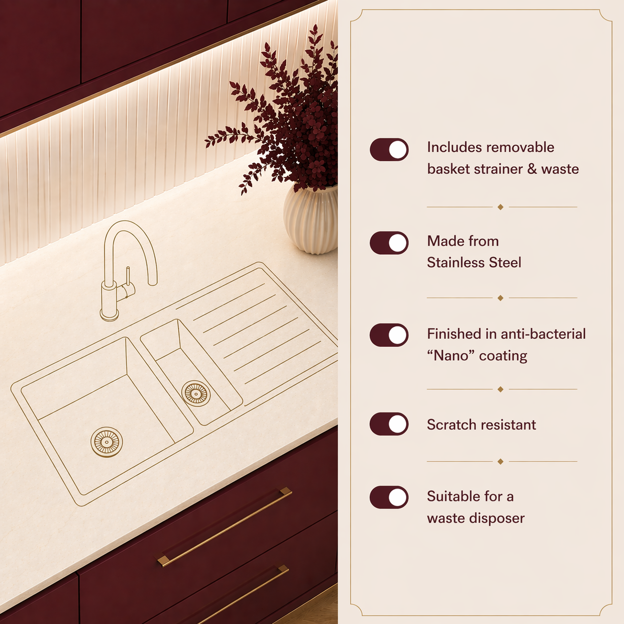 Verossi | Polished | 1.5 Bowl Stainless Steel Undermount Kitchen Sink | 590 x 460mm | Supplied with Chrome Basket Strainer Wastes