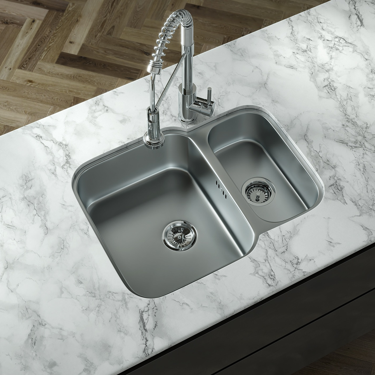 Verossi | Polished | 1.5 Bowl Stainless Steel Undermount Kitchen Sink | 590 x 460mm | Supplied with Chrome Basket Strainer Wastes