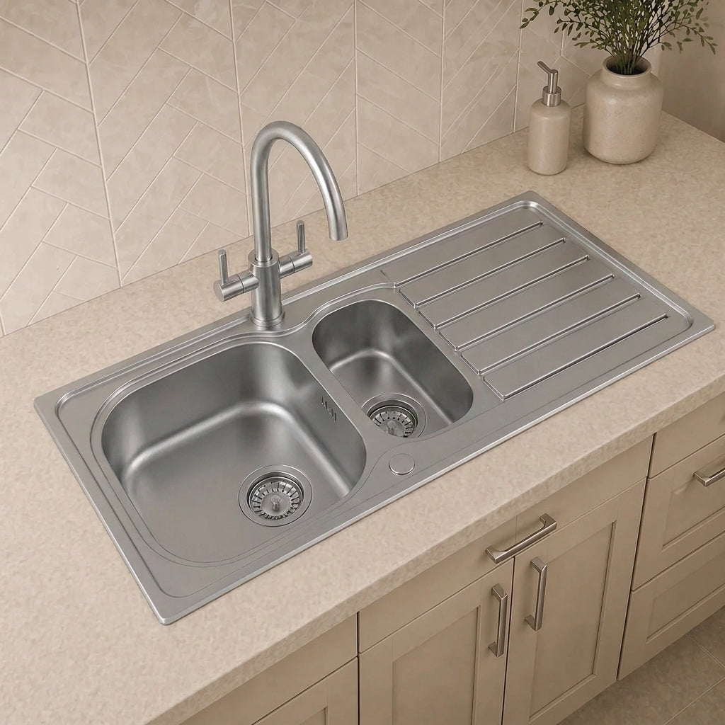 Verossi | Satin Matt | 1.5 Bowl Inset Stainless Steel Kitchen Sink | 1000 x 500mm | Supplied with Chrome Basket Strainer Waste(s)