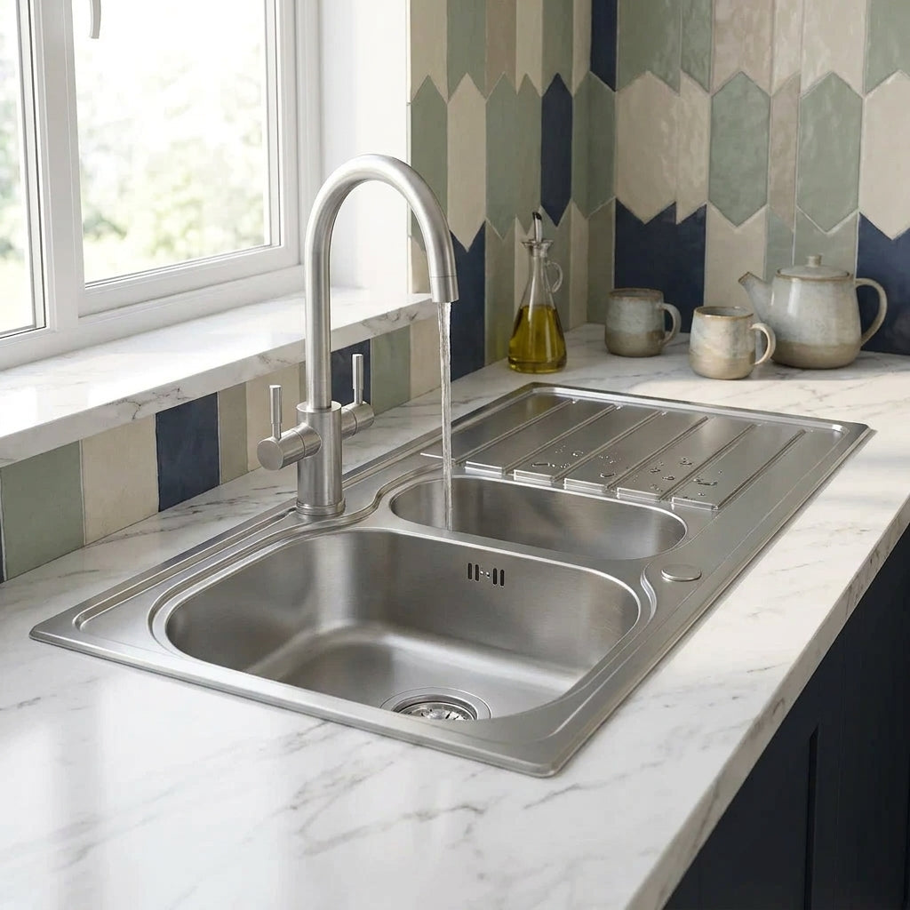 Verossi | Satin Matt | 1.5 Bowl Inset Stainless Steel Kitchen Sink | 1000 x 500mm | Supplied with Chrome Basket Strainer Waste(s)