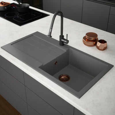 Verossi | 1.0 Bowl Comite Kitchen Sink & Drainer | Left or Right Handed | Chrome Strainer Waste Supplied | 1000 x 500mm | Grey