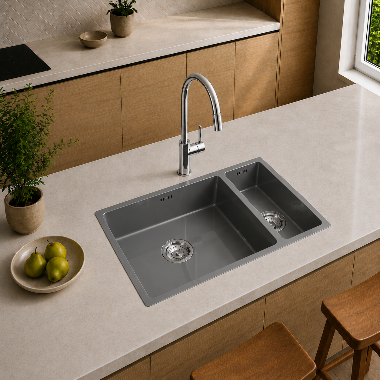 Verossi | Virm |  1.5 bowl Comite Kitchen Sink | Inset or Undermounted | Chrome Strainer Wastes Supplied | 670x440x206mm | Gloss Grey