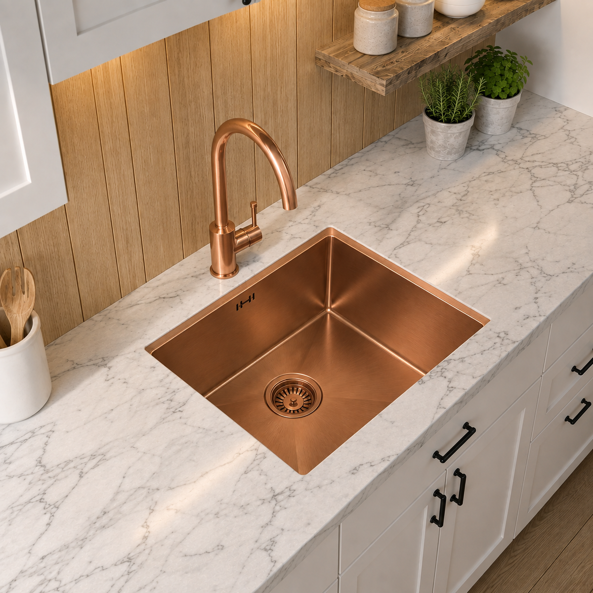 Verossi | Vrimo | 1.0 Bowl Stainless Steel Kitchen Sink | Inset or Undermounted | Copper Strainer Waste Supplied | 440 x 440 mm | Copper Finish