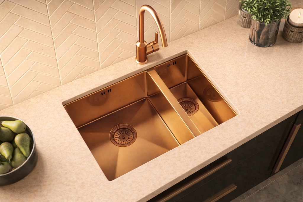 Verossi | Vrimo | 1.5 Bowl Stainless Steel Kitchen Sink | Inset or Undermounted | Copper Strainer Wastes Supplied | 670 x 440mm | Copper Finish