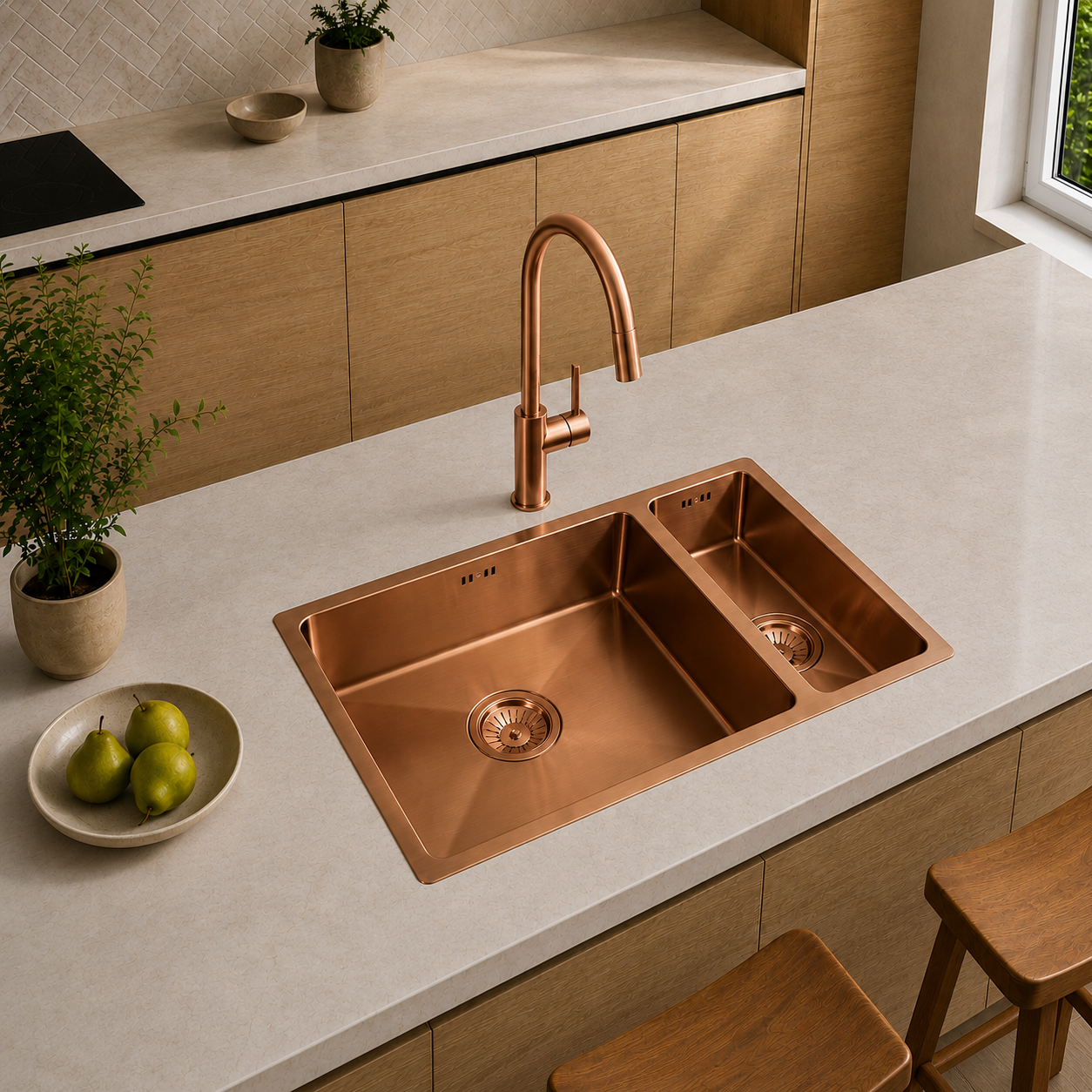 Verossi | Vrimo | 1.5 Bowl Stainless Steel Kitchen Sink | Inset or Undermounted | Copper Strainer Wastes Supplied | 670 x 440mm | Copper Finish