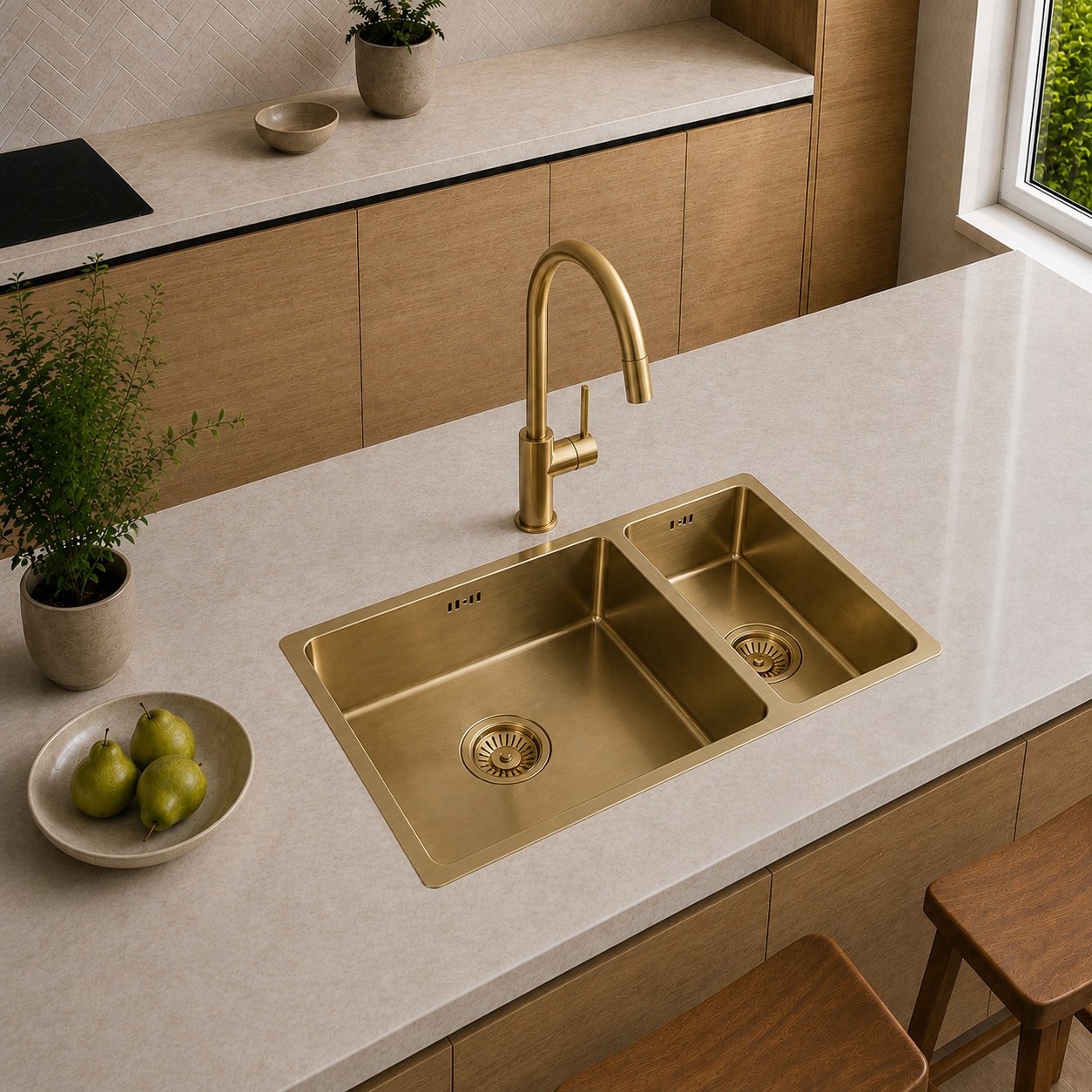 Verossi | Vrimo | 1.5 Bowl Stainless Steel Kitchen Sink | Inset or Undermounted | Gold Strainer Wastes Supplied | 670 x 440mm | Gold Finish