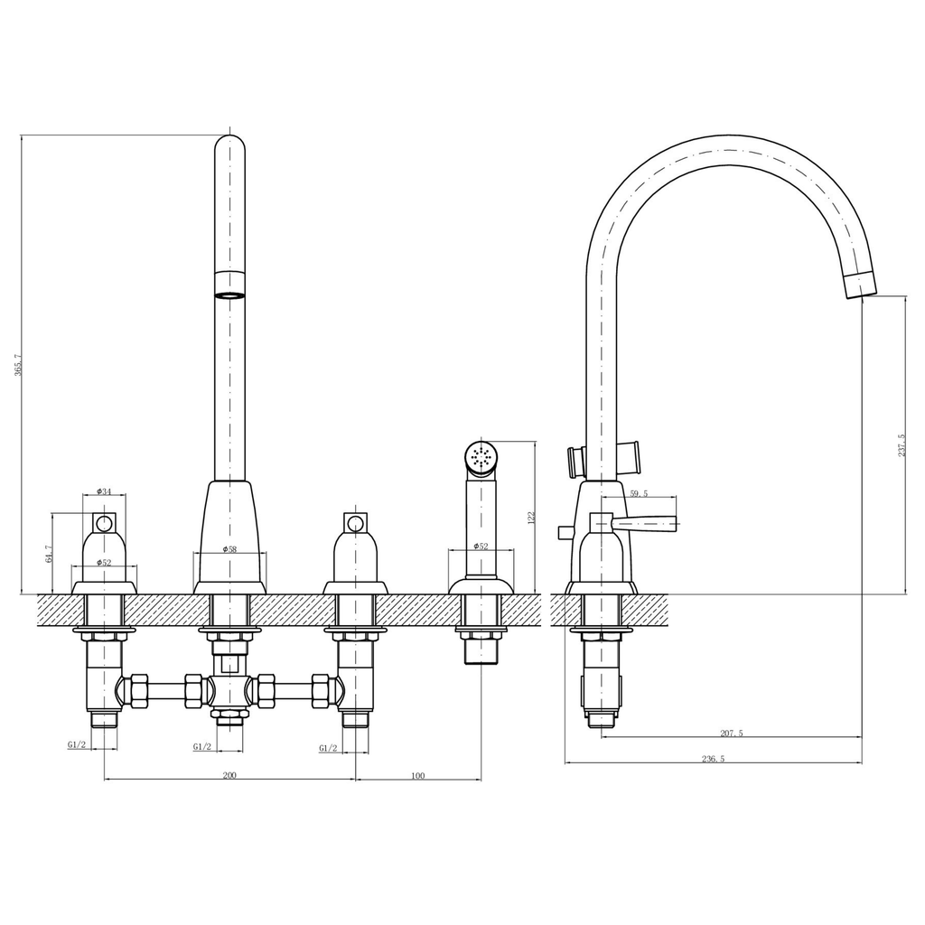 Verossi |Cuthbert| Classic 4TH Kitchen Mixer Tap| Polished Brass