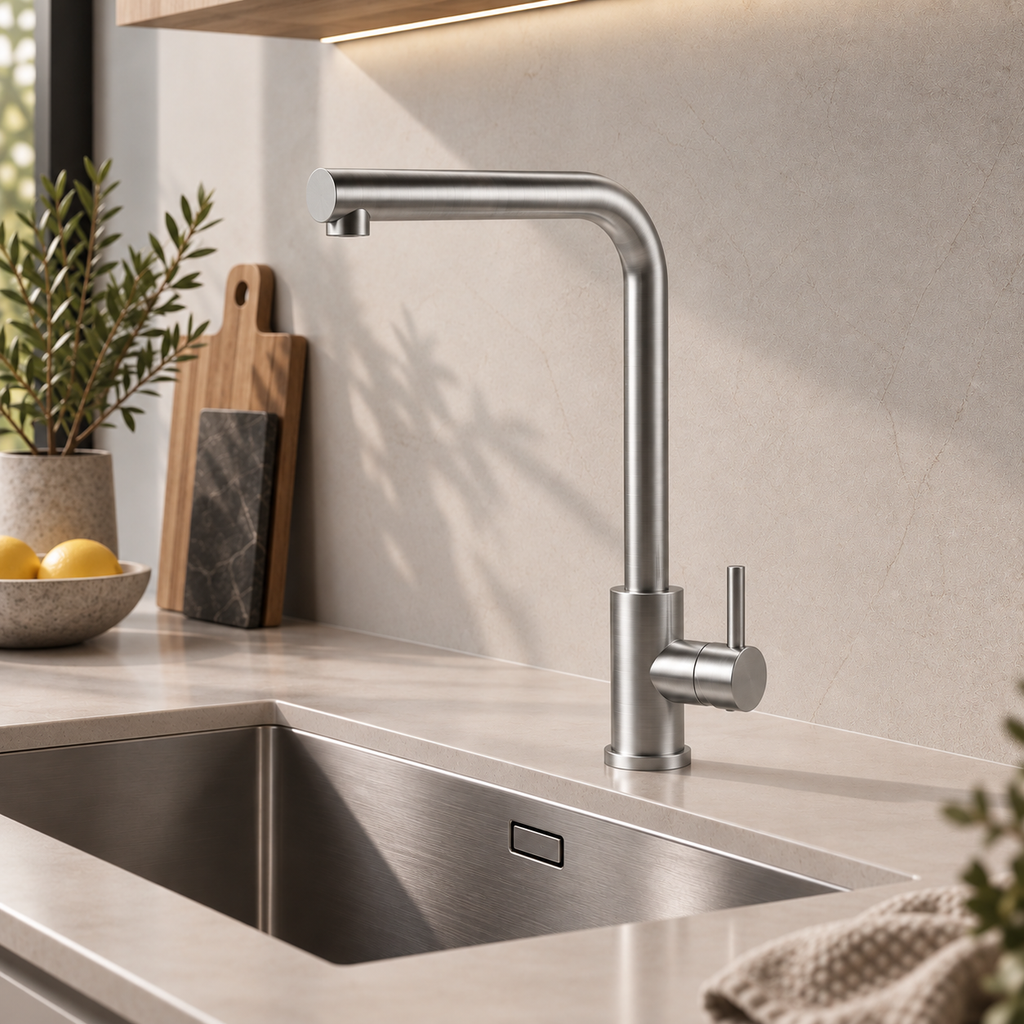 Verossi | Top Fix - Vito | L Neck Single Lever Mixer Kitchen tap | Brushed Steel