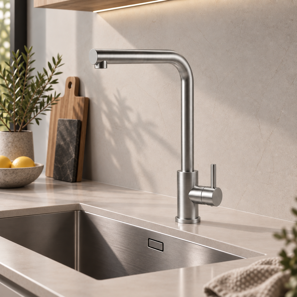 Verossi | Top Fix - Vito | L Neck Single Lever Mixer Kitchen tap | Brushed Steel