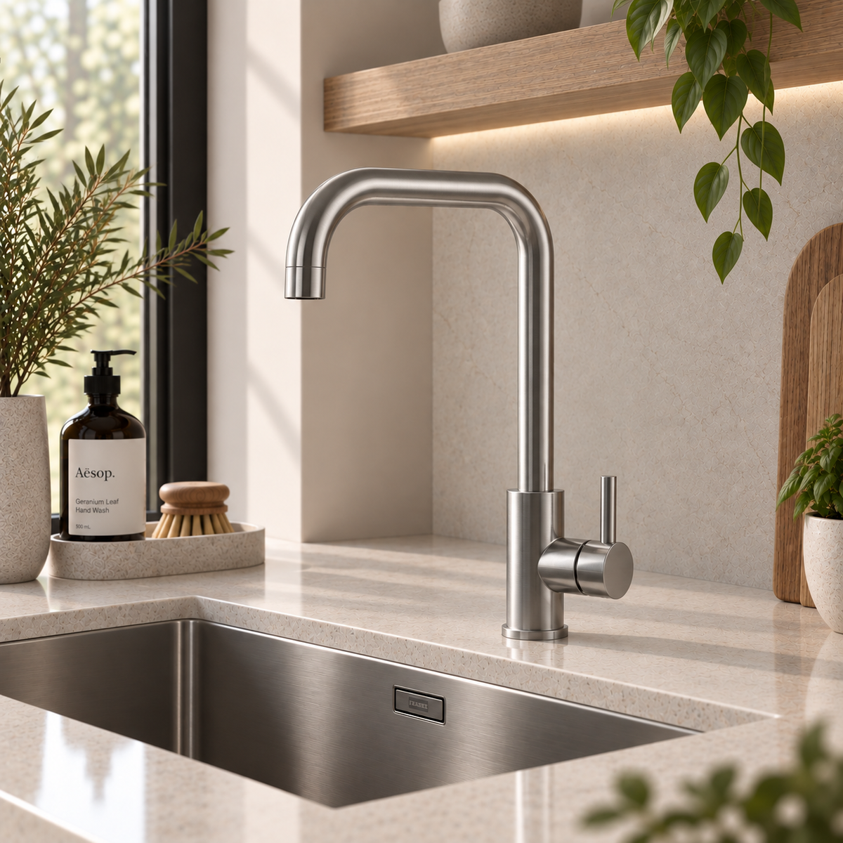 Verossi | Top Fix - Vito | Square Single Lever Kitchen tap | Brushed Steel