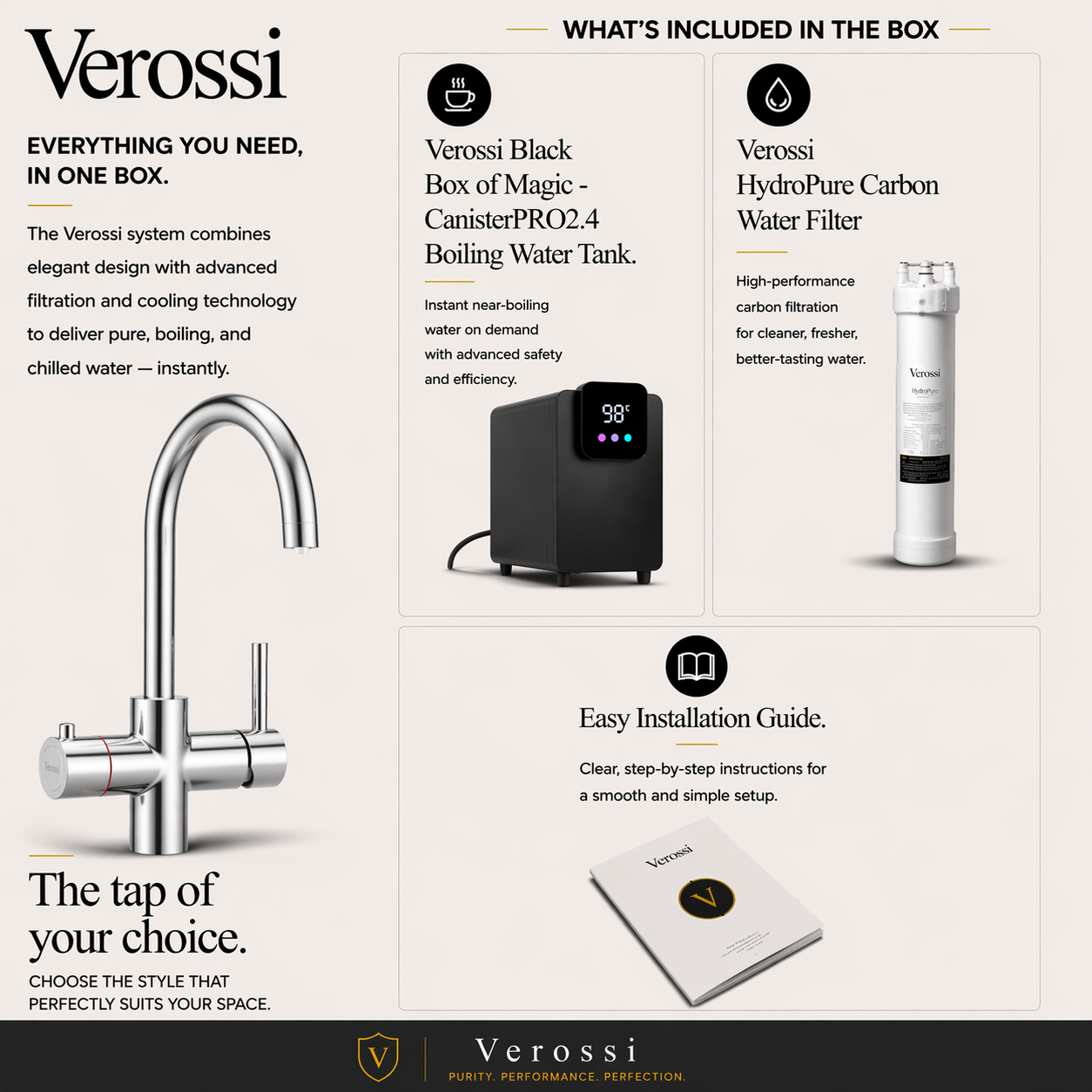 Verossi | Vento | 3 in 1 Instant Boiling | Swan Pull Out Spout | Chrome