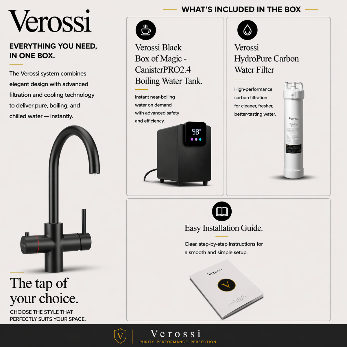 Verossi | Vento | 3 in 1 Instant Boiling | Swan Pull Out Spout | Matt Black