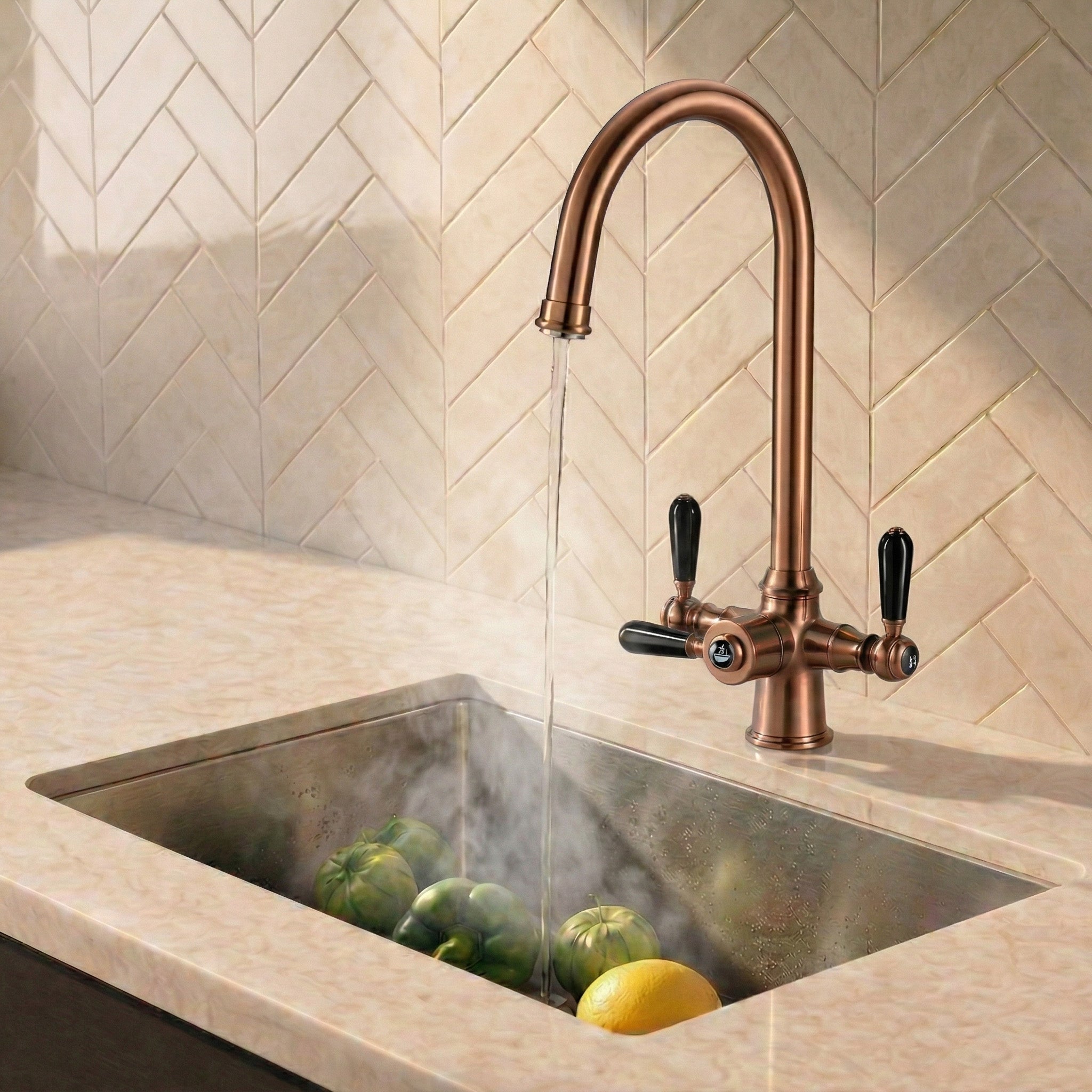 Verossi  | Vandisso | Traditional Cruciform Style 3 in 1 Instant Boiling Tap | Black Ceramic Levers | Brushed Copper Finish