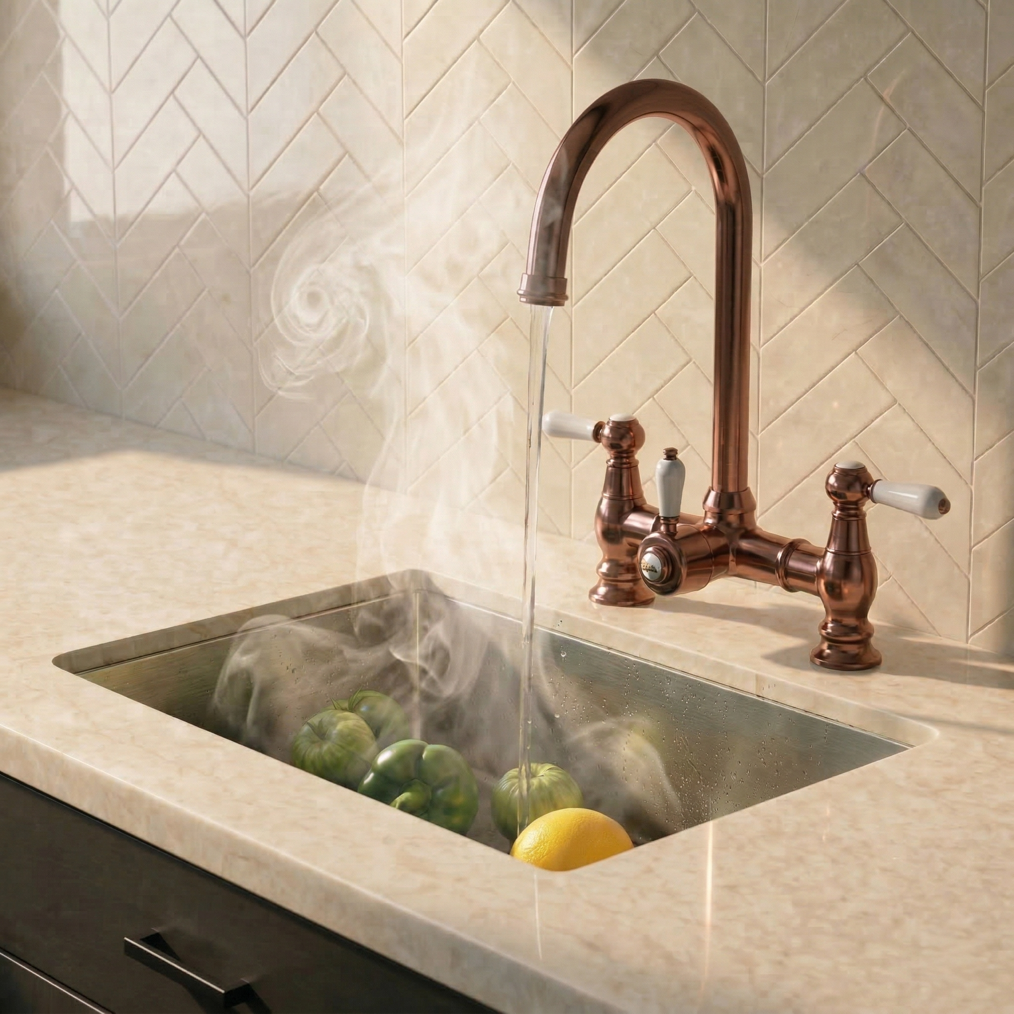 Verossi  | Venetian | Traditional Bridge Style 3 in 1 Instant Boiling Tap | White Ceramic Levers | Brushed Copper Finish