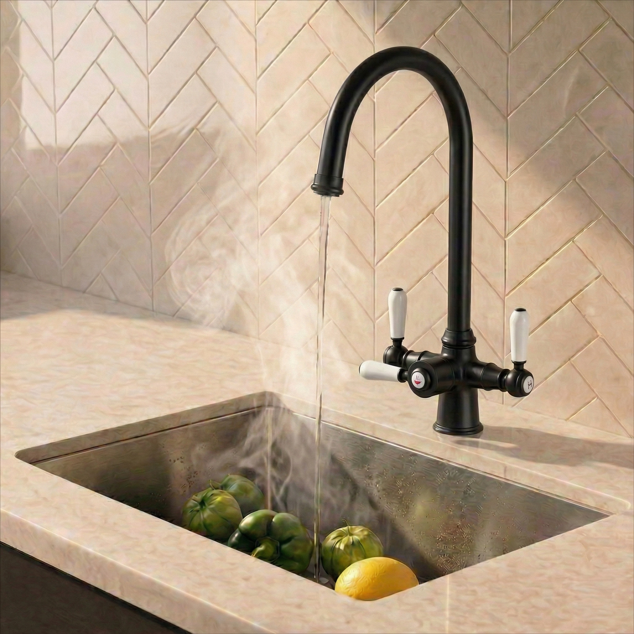 Verossi  | Vandisso | Traditional Cruciform Style 3 in 1 Instant Boiling Tap | White Ceramic Levers | Matt Black Finish