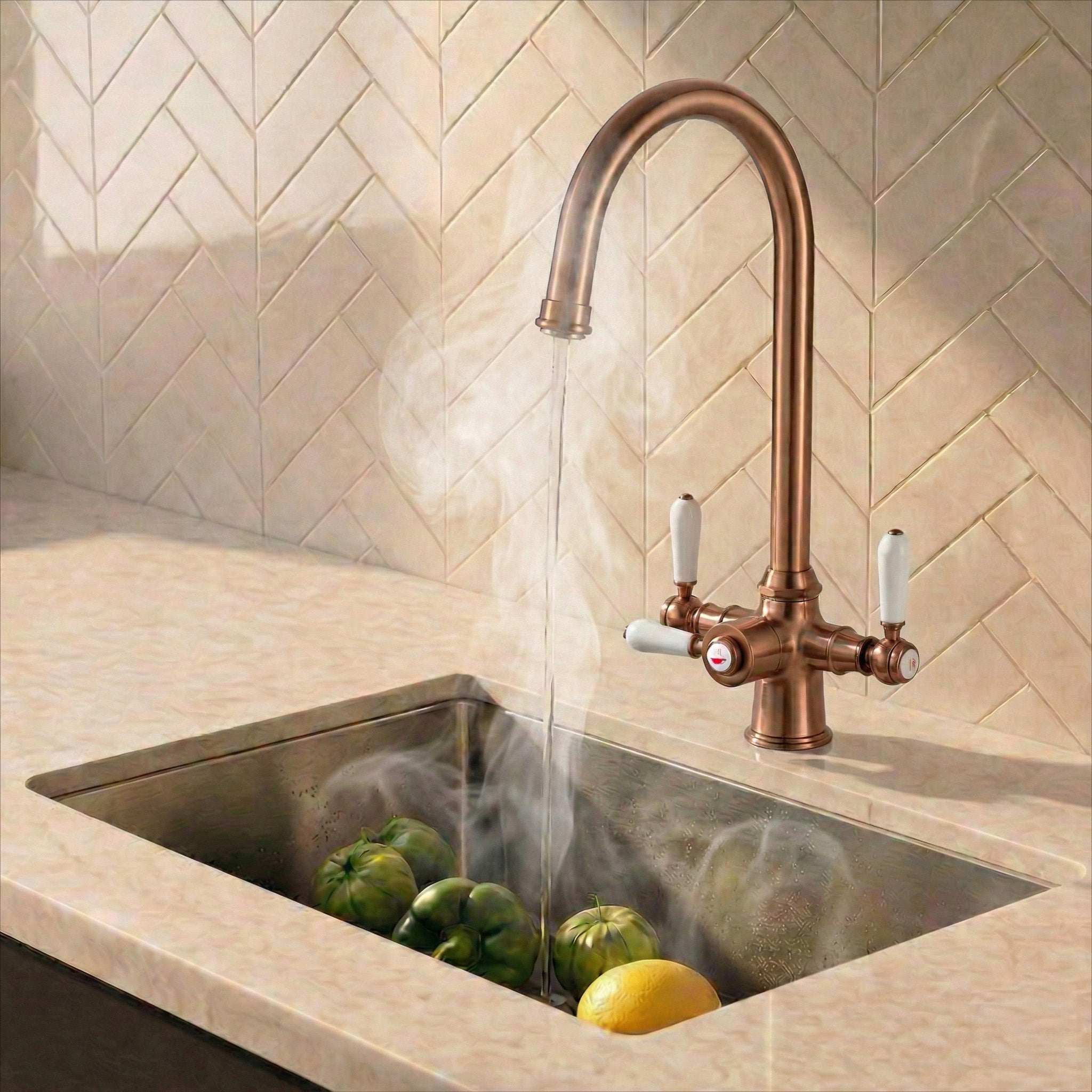 Verossi  | Vandisso | Traditional Cruciform Style 3 in 1 Instant Boiling Tap | White Ceramic Levers | Brushed Copper Finish
