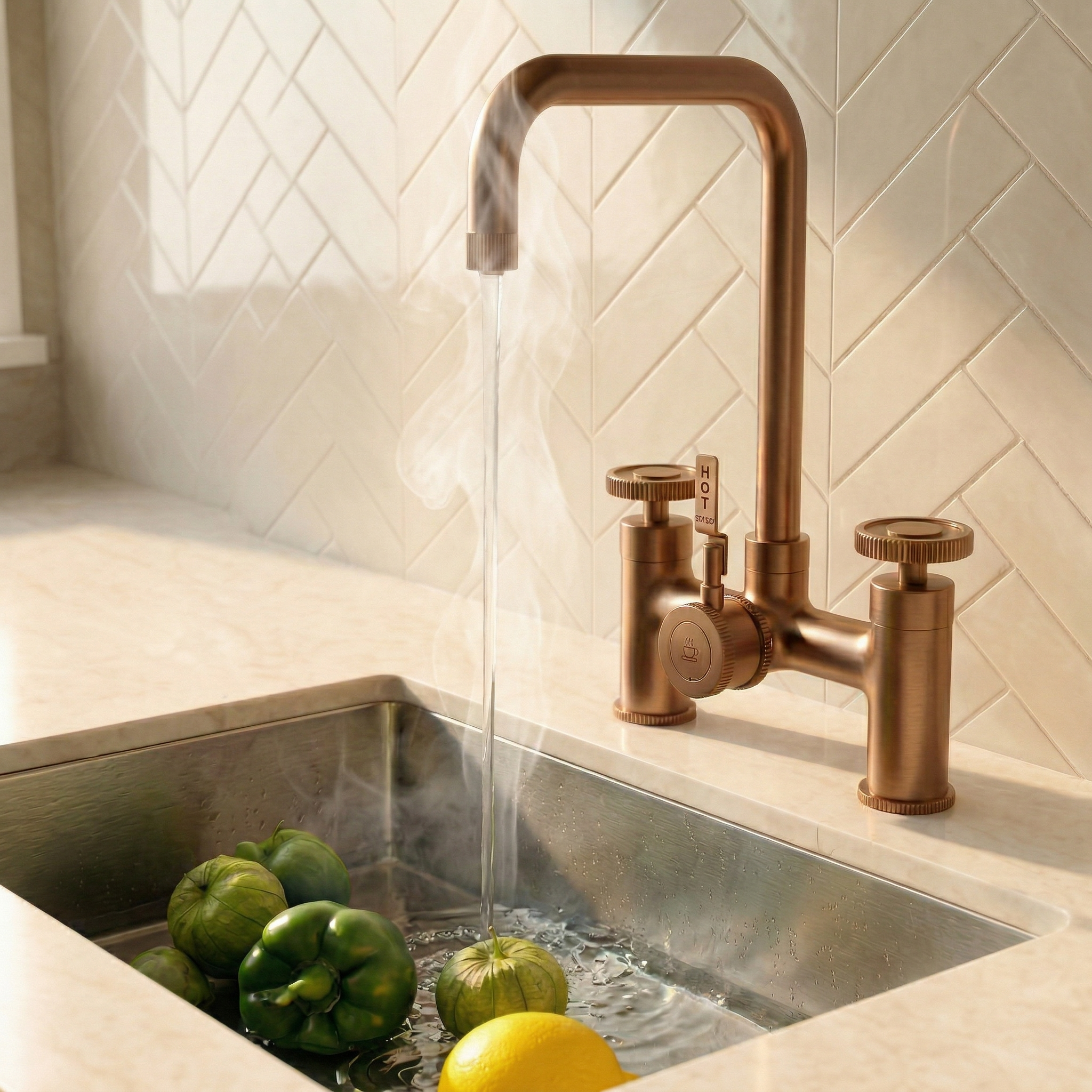 Verossi  | Vorisse | Industrial Bridge Style 3 in 1 Instant Boiling Tap | Brushed Copper Finish