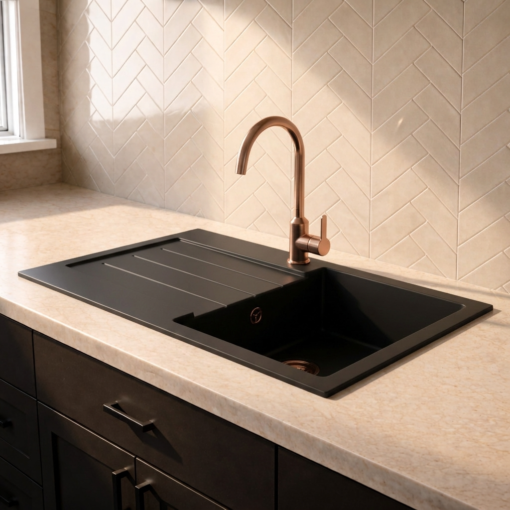 Verossi | 1.0 Bowl Comite Inset Kitchen Sink & Drainer | Left or Right Handed | Chrome Strainer Waste Supplied | 1000 x 500mm | Black