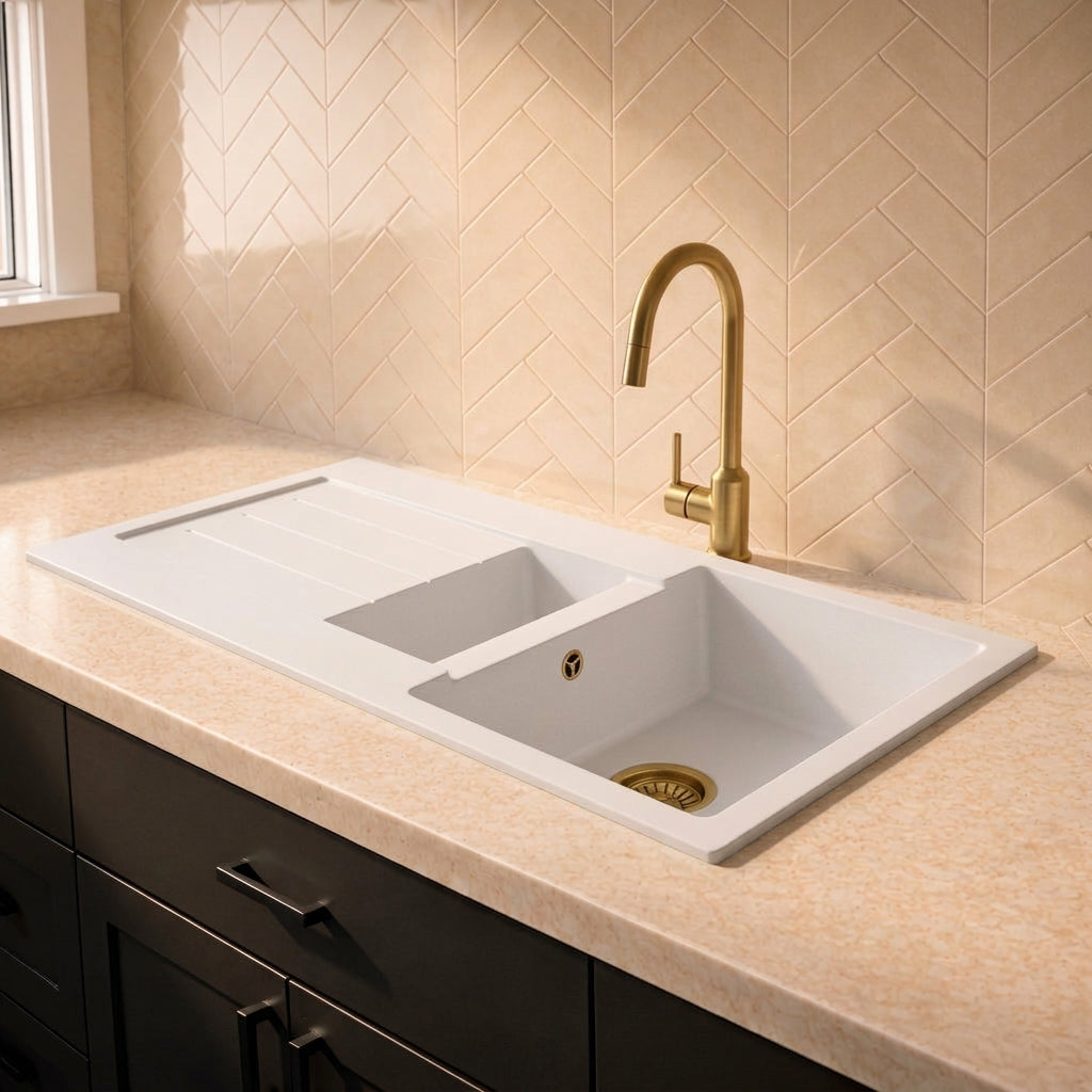 Verossi |  1.3 Bowl Comite Kitchen Sink & Drainer | Left or Right Handed | Chrome Strainer Wastes Supplied | 1000 x 500mm | Matt White