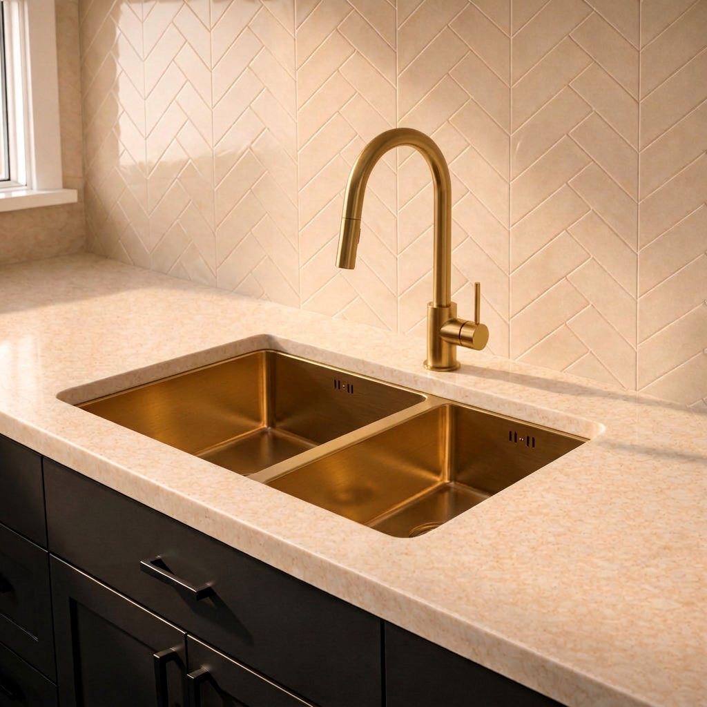 Verossi | 1.5 Bowl Kitchen Sink | Inset or Undermounted | Chrome Strainer Wastes Supplied | 555x440x205 | Brushed Brass