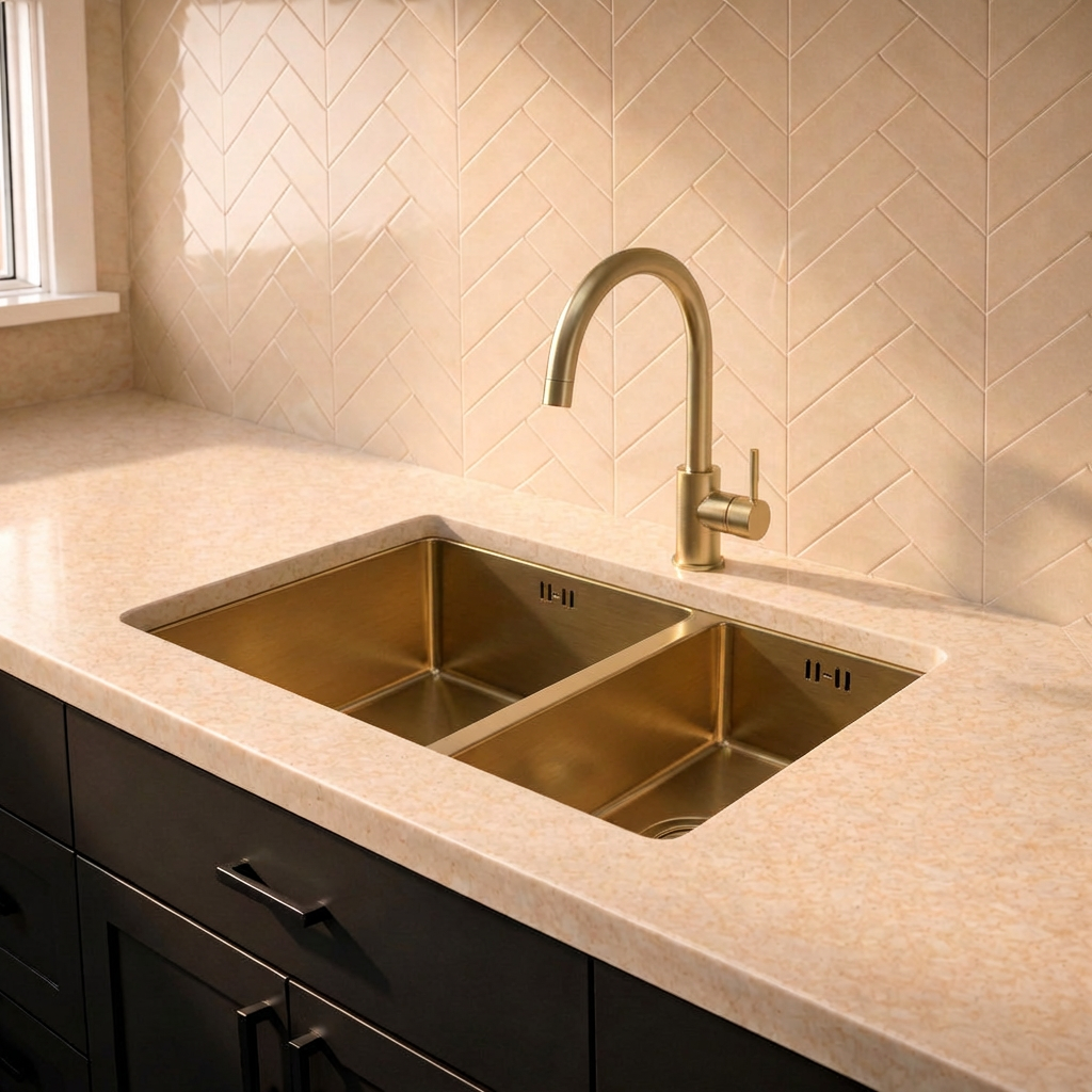 Verossi | 1.5 Bowl Kitchen Sink | Inset or Undermounted | Gold Strainer Wastes Supplied | 555x440x205 | Brushed Gold