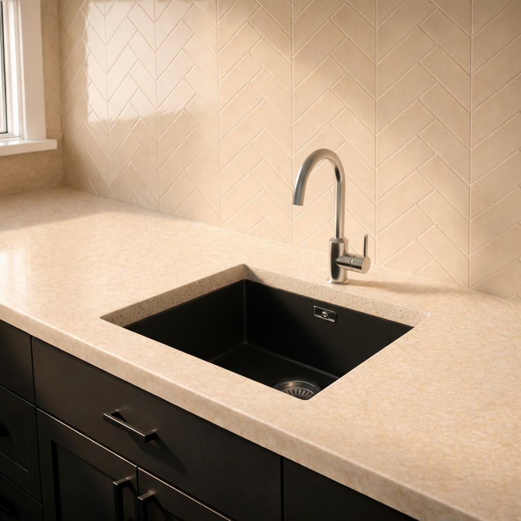 Verossi | 1.0 Bowl Comite Kitchen Sink | Inset or Undermounted | Chrome Strainer Waste Supplied | 440x440x211mm | Matt Black