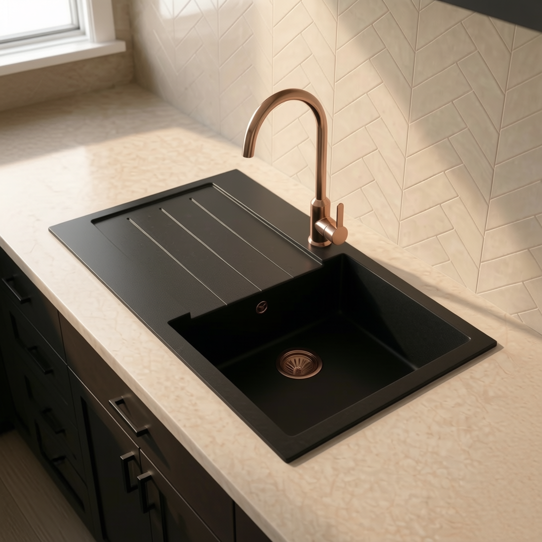 Verossi | 1.0 Bowl Comite Inset Kitchen Sink & Drainer | Left or Right Handed | Chrome Strainer Waste Supplied | 1000 x 500mm | Black