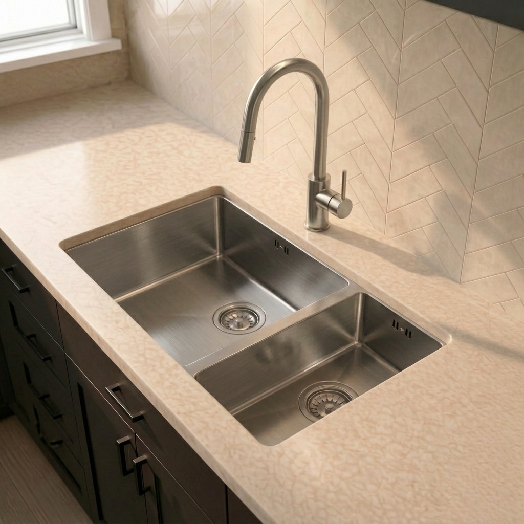 Verossi |  1.5 Bowl Kitchen Sink | Inset or Undermounted | Chrome Strainer Wastes Supplied | 555x440x205 | Brushed Steel