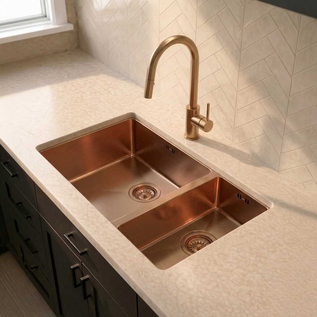 Verossi | 1.5 Bowl Kitchen Sink | Inset or Undermounted | Copper Strainer Wastes Supplied | 555x440x205 | Brushed Copper
