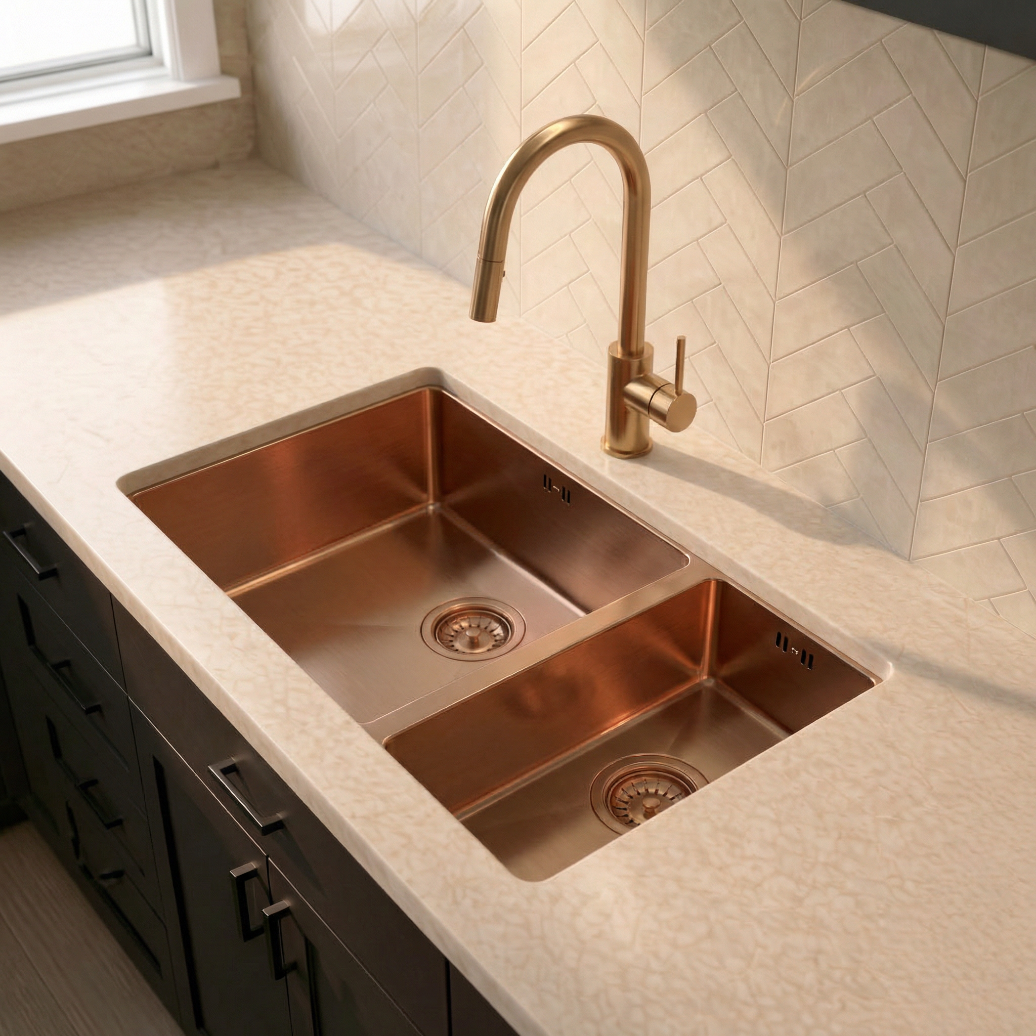 Verossi | 1.5 Bowl Kitchen Sink | Inset or Undermounted | Copper Strainer Wastes Supplied | 555x440x205 | Brushed Copper