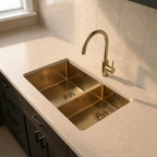 Verossi | 1.5 Bowl Kitchen Sink | Inset or Undermounted | Gold Strainer Wastes Supplied | 555x440x205 | Brushed Gold