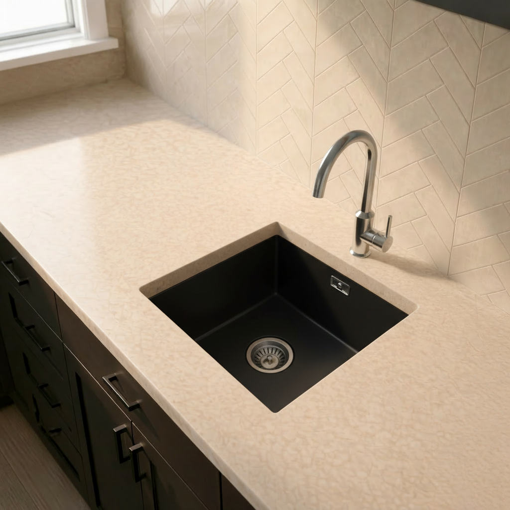 Verossi | 1.0 Bowl Comite Kitchen Sink | Inset or Undermounted | Chrome Strainer Waste Supplied | 440x440x211mm | Matt Black